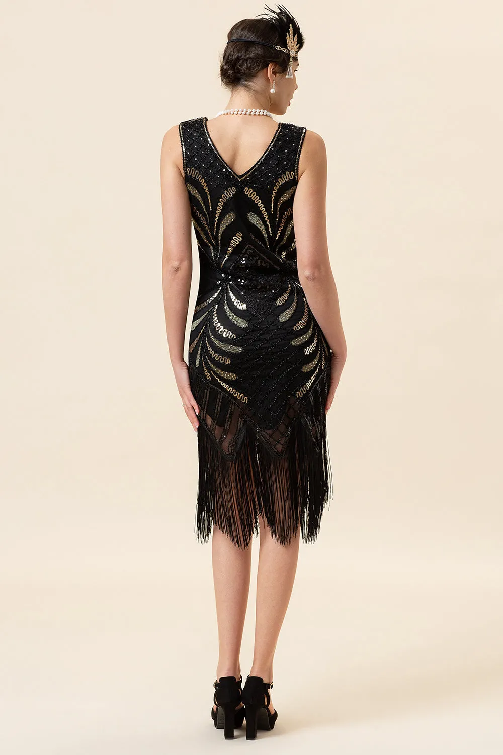 Black V Neck Sequin 1920s Flapper Dress