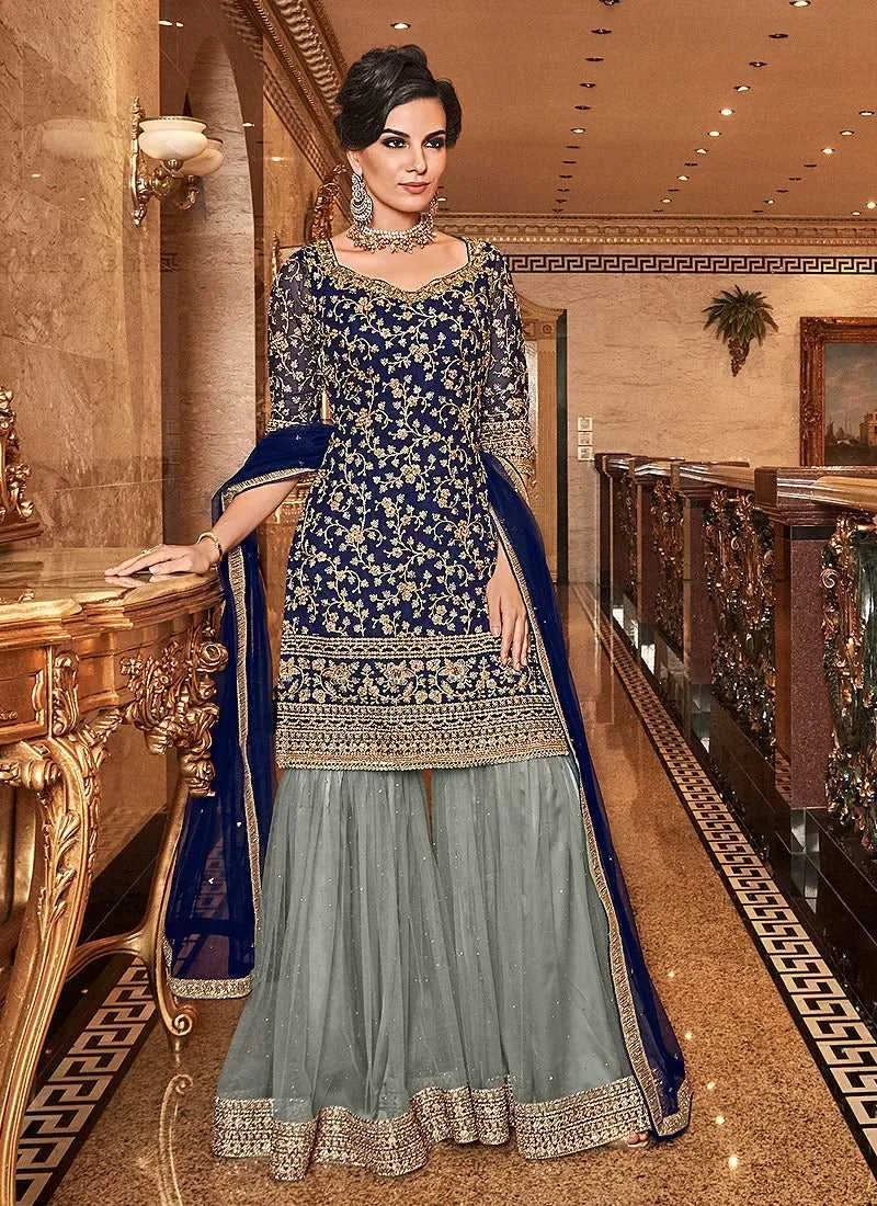 Blue and Grey Embroidered Sharara Style Suit