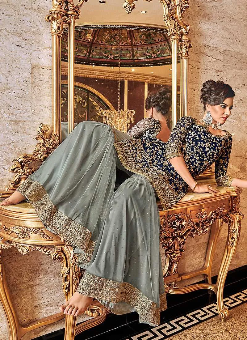 Blue and Grey Embroidered Sharara Style Suit