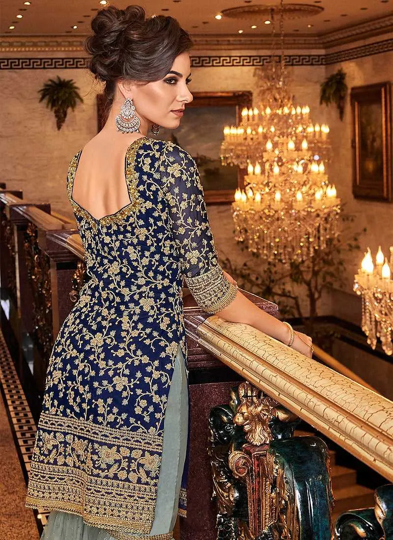 Blue and Grey Embroidered Sharara Style Suit