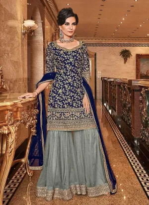Blue and Grey Embroidered Sharara Style Suit