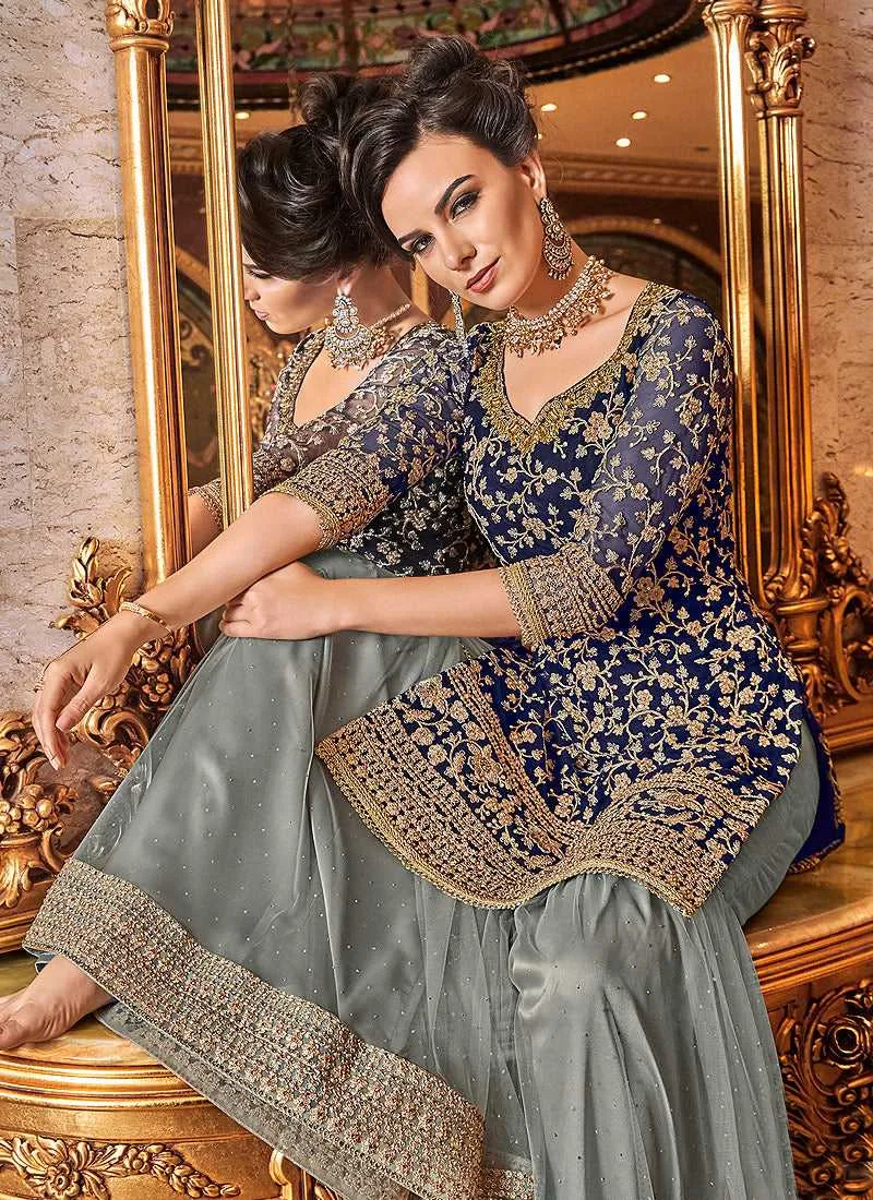 Blue and Grey Embroidered Sharara Style Suit