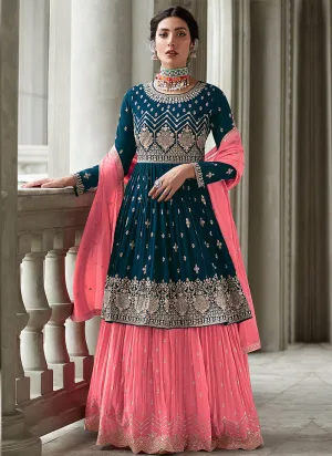 Blue and Pink Heavy Embroidered Stylish Lehenga