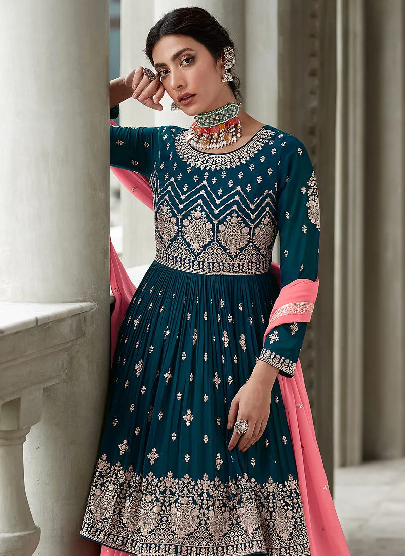 Blue and Pink Heavy Embroidered Stylish Lehenga