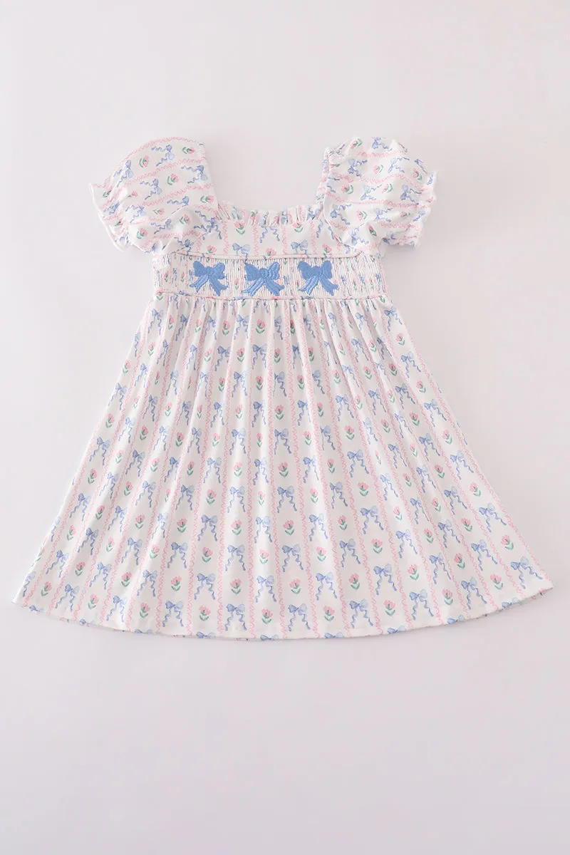 Blue bow embroidery smocked dress