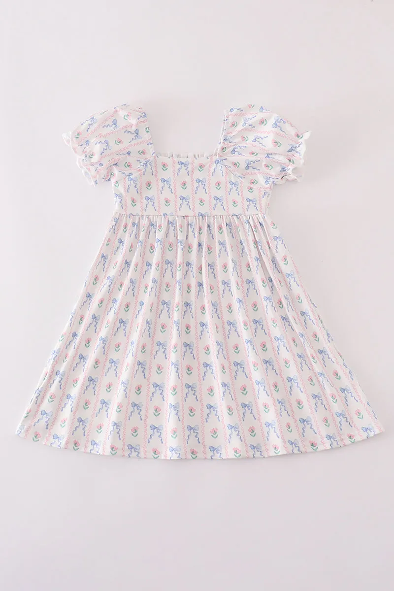 Blue bow embroidery smocked dress