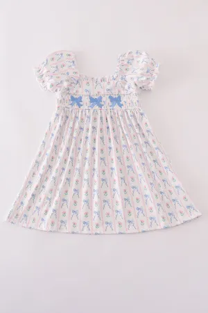 Blue bow embroidery smocked dress