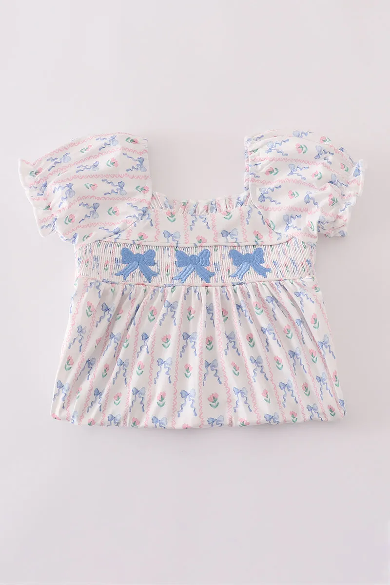 Blue bow embroidery smocked dress