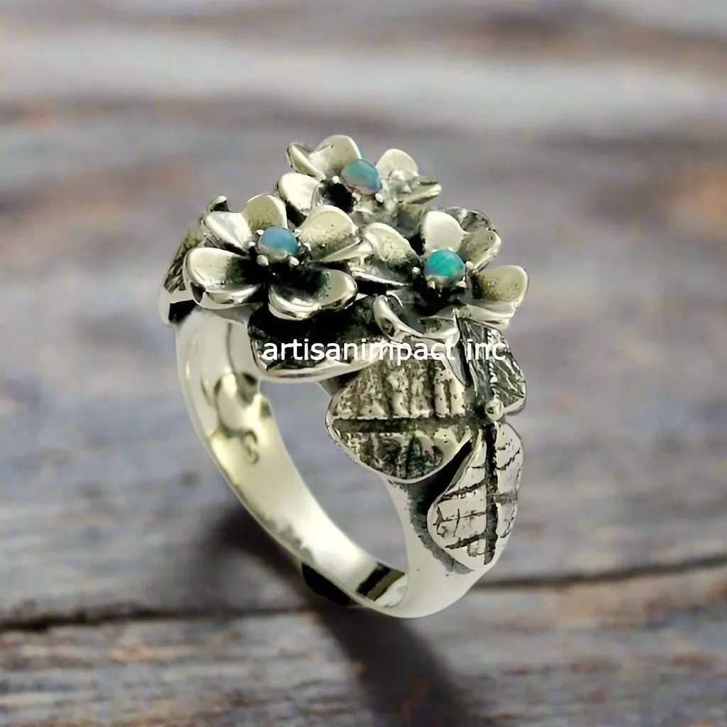 Blue Opals Floral Silver Ring - Moon Garden.