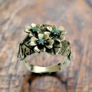 Blue Opals Floral Silver Ring - Moon Garden.