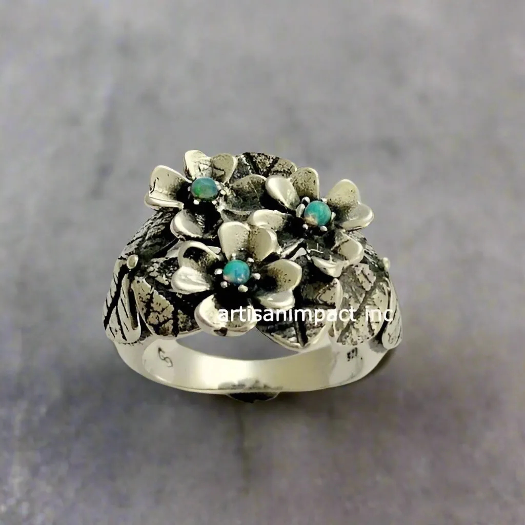 Blue Opals Floral Silver Ring - Moon Garden.