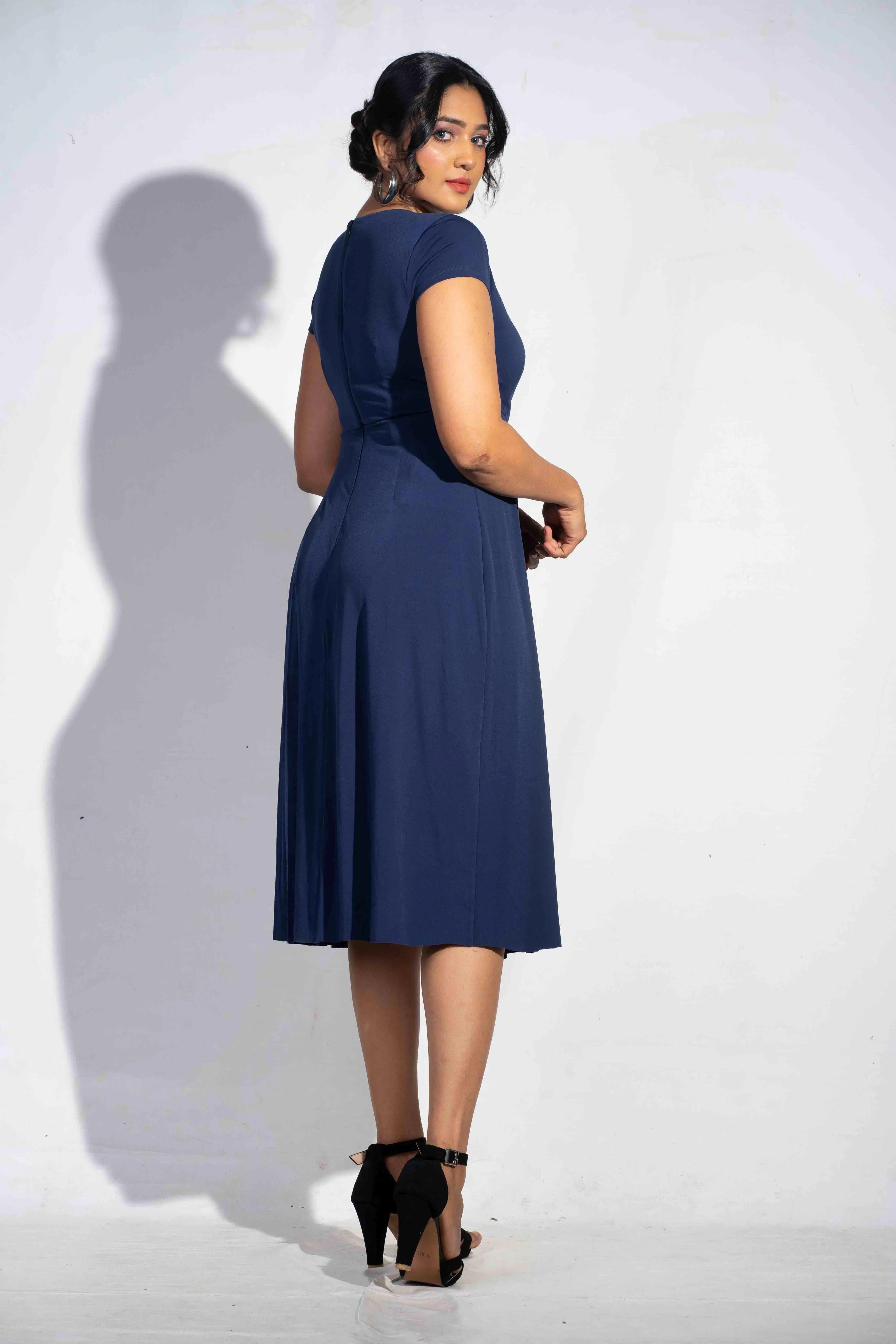 Blue Sapphire Bow tie V neck dress