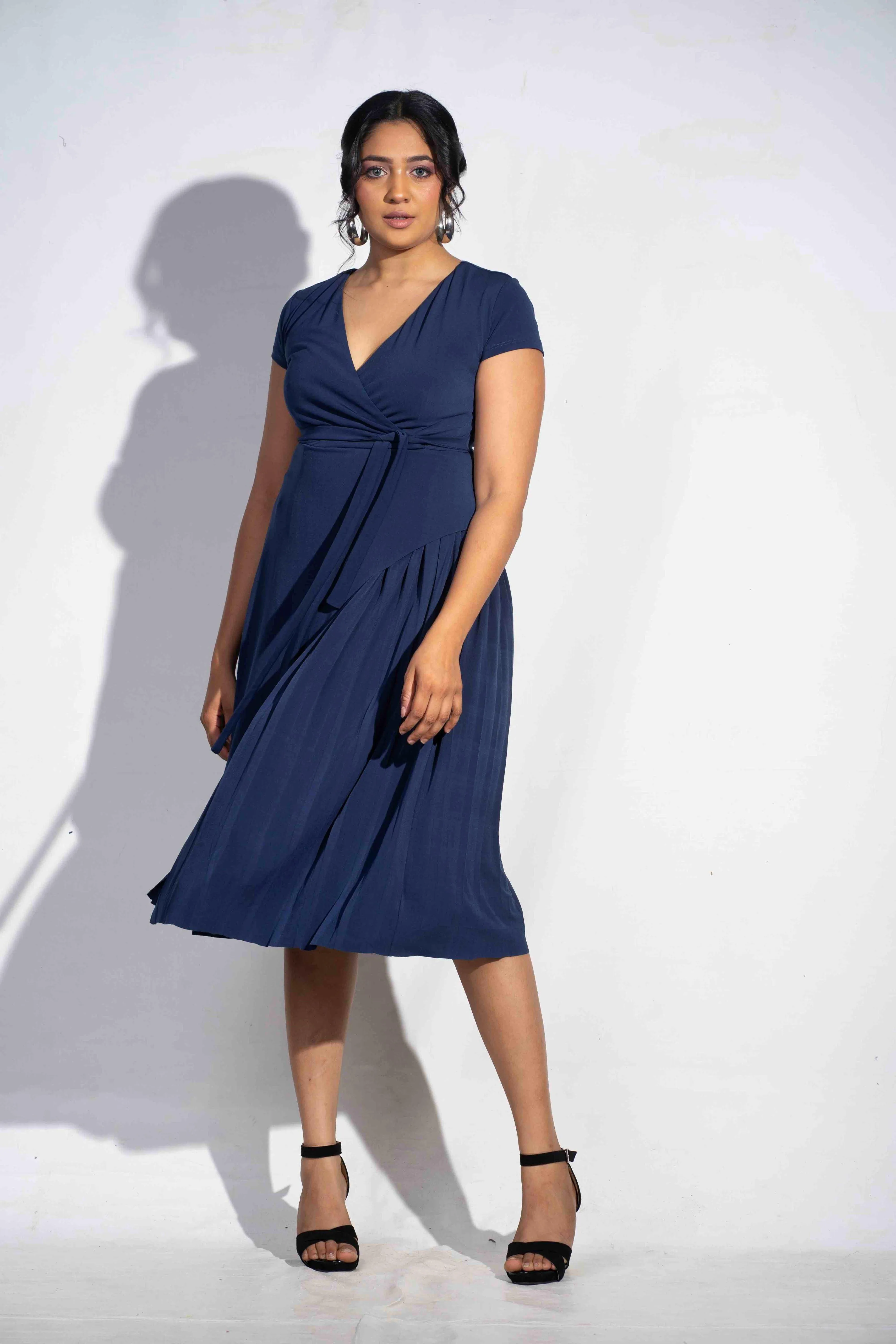 Blue Sapphire Bow tie V neck dress