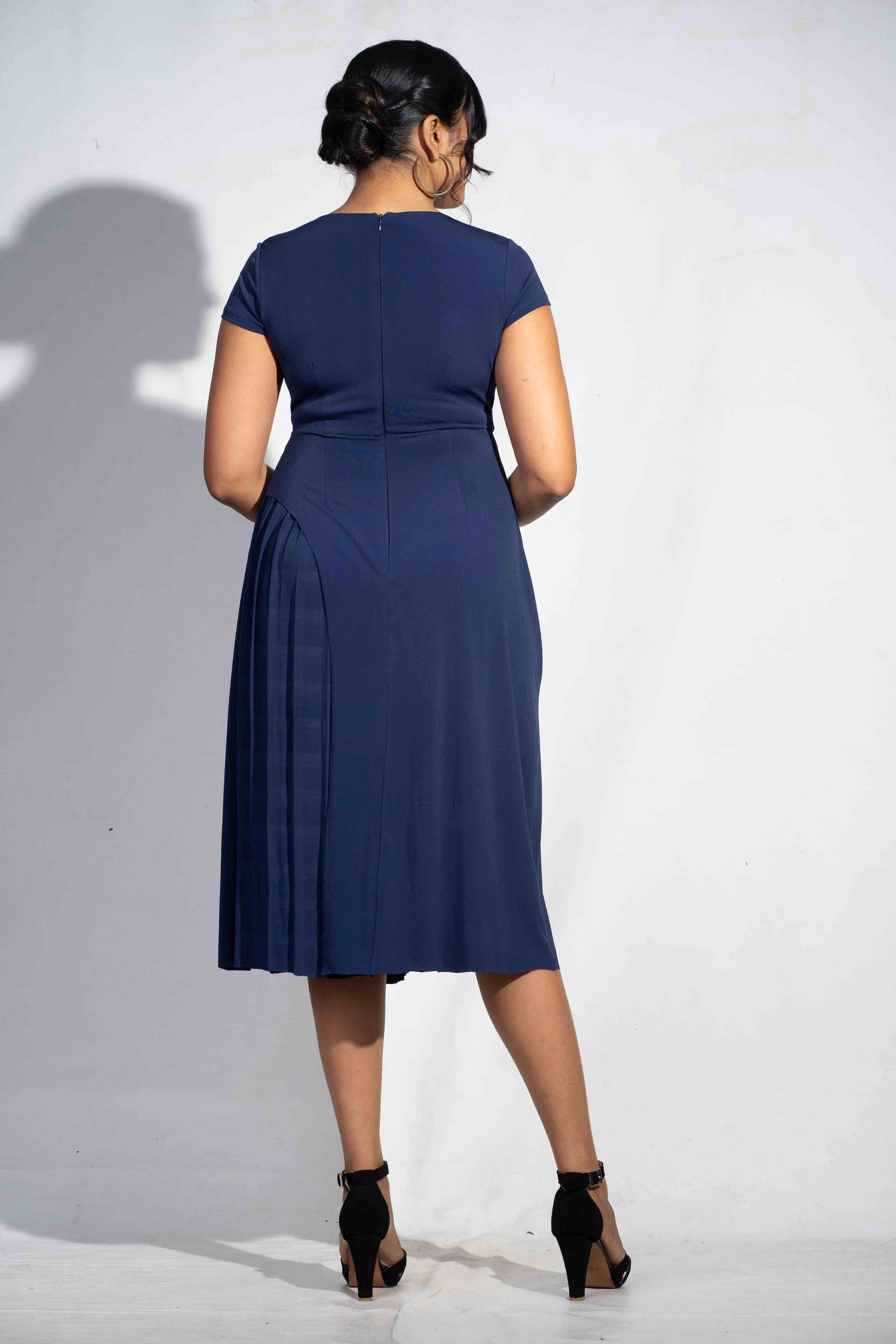 Blue Sapphire Bow tie V neck dress