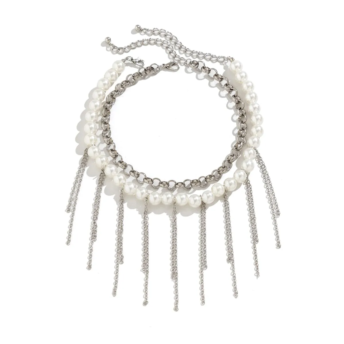 Boho Layered Pearl Chain Tassel Choker Necklace Set