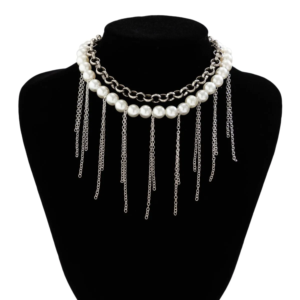 Boho Layered Pearl Chain Tassel Choker Necklace Set