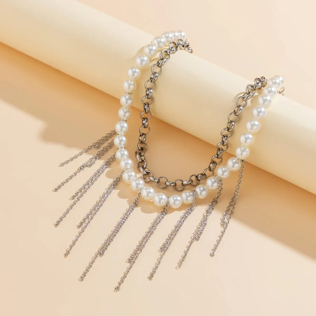 Boho Layered Pearl Chain Tassel Choker Necklace Set