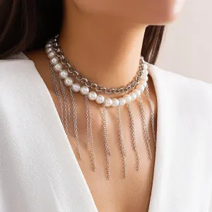 Boho Layered Pearl Chain Tassel Choker Necklace Set