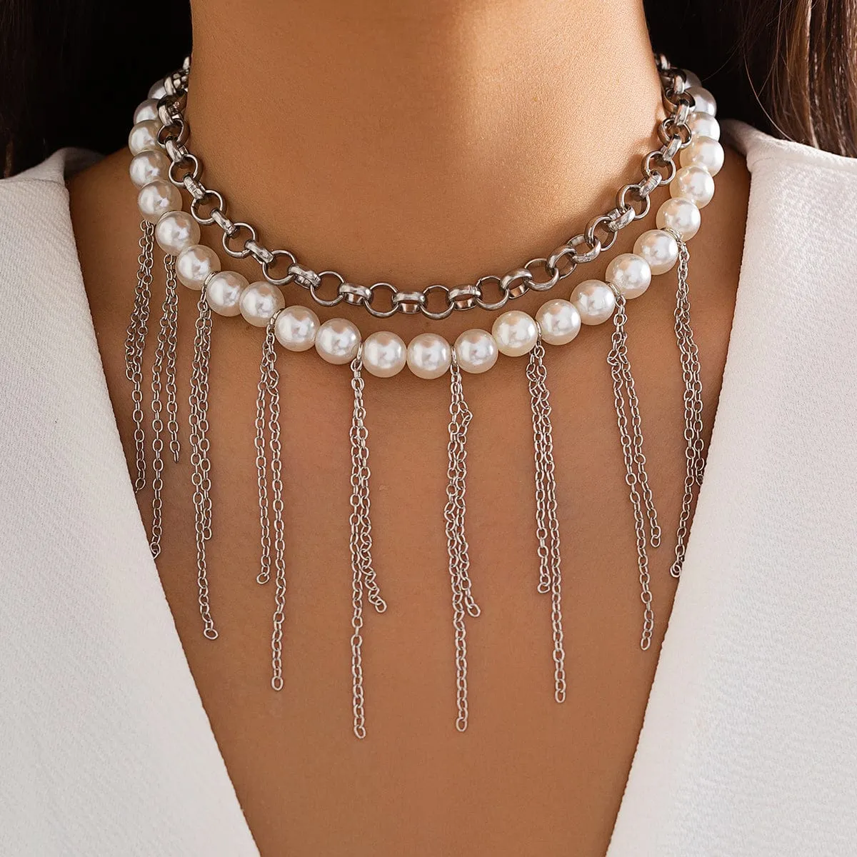 Boho Layered Pearl Chain Tassel Choker Necklace Set