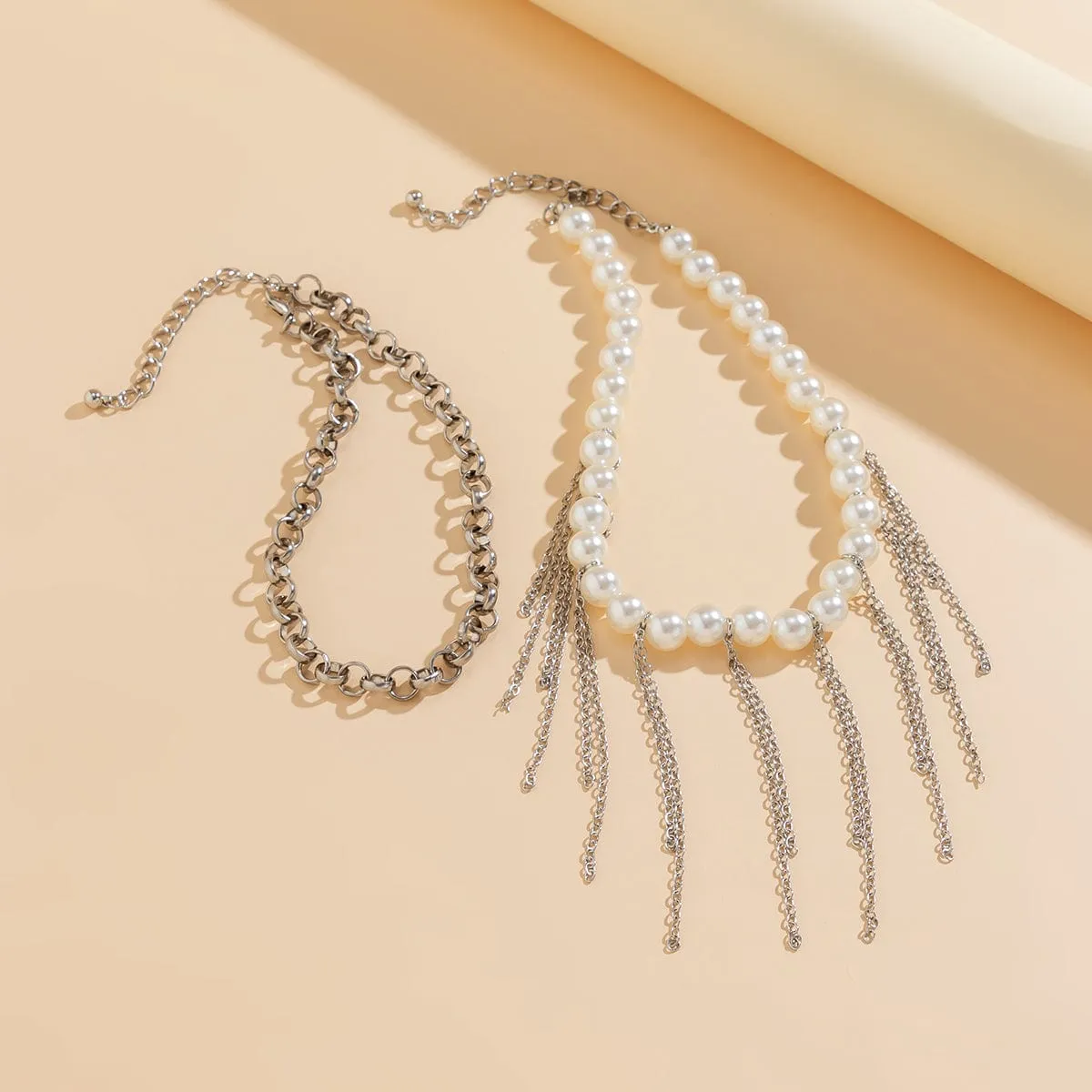 Boho Layered Pearl Chain Tassel Choker Necklace Set