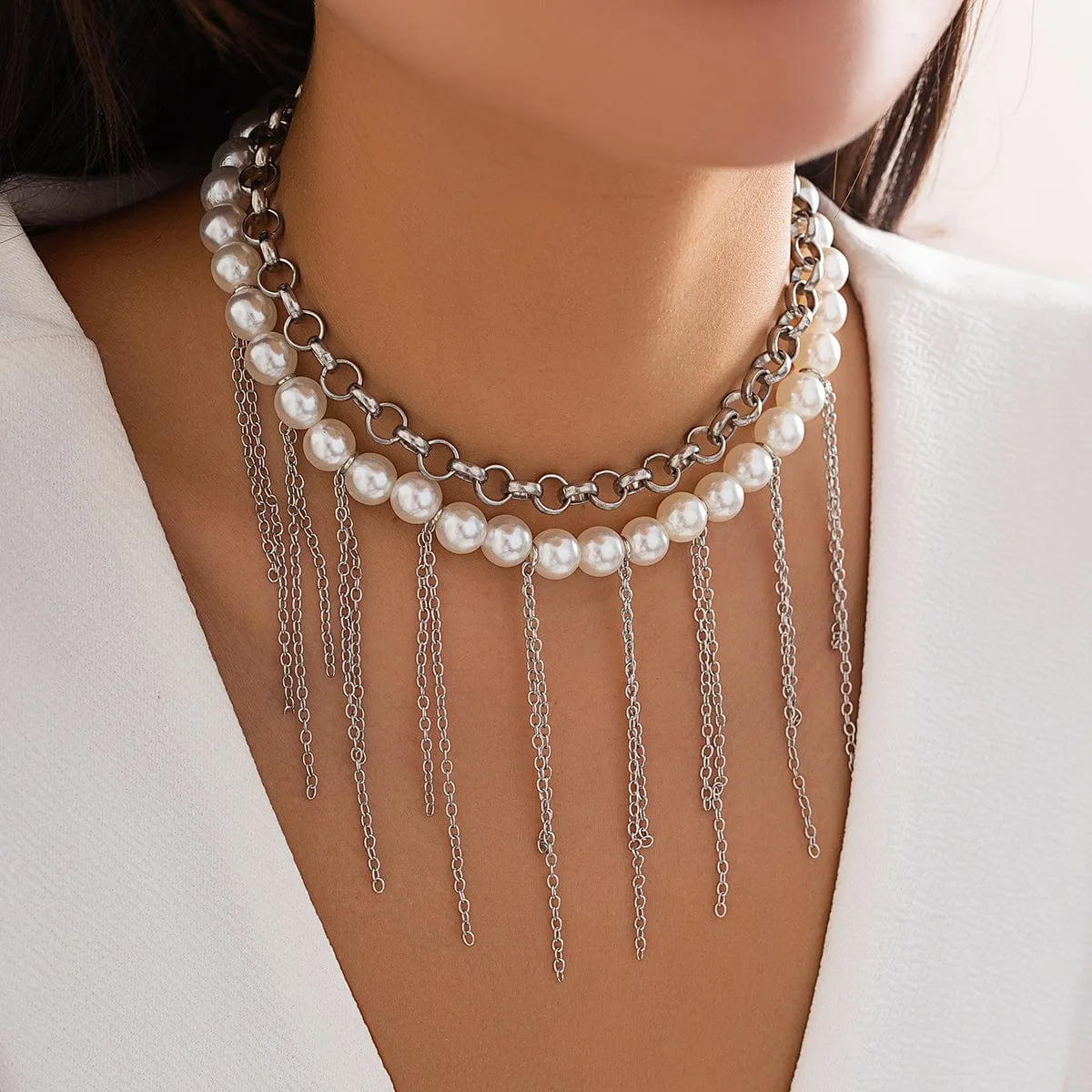 Boho Layered Pearl Chain Tassel Choker Necklace Set