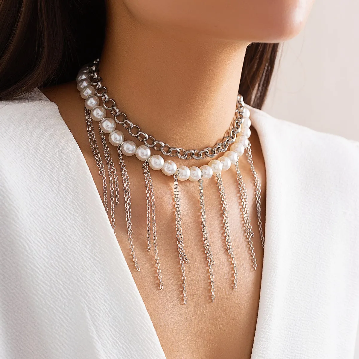 Boho Layered Pearl Chain Tassel Choker Necklace Set