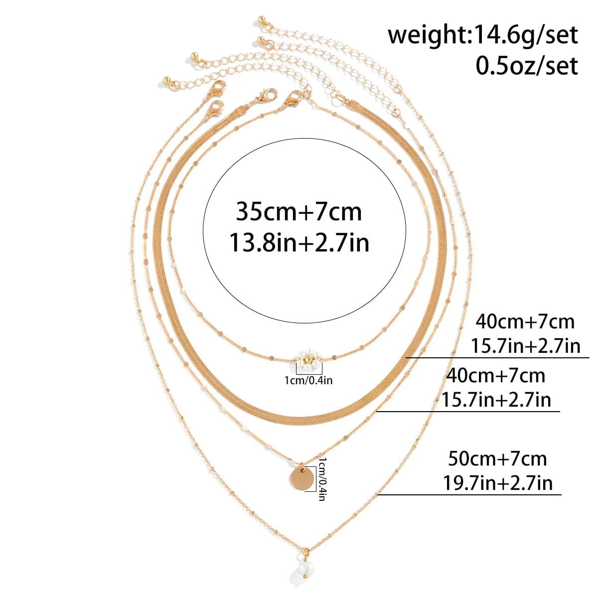 Boho Layered Round Disk Floral Pearl Pendant Snake Chain Necklace Set
