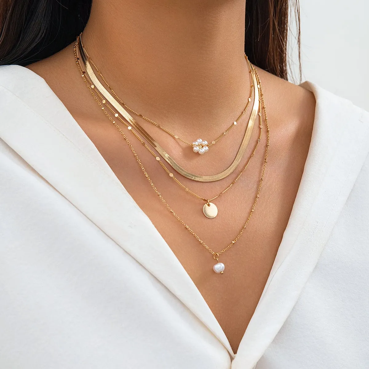 Boho Layered Round Disk Floral Pearl Pendant Snake Chain Necklace Set