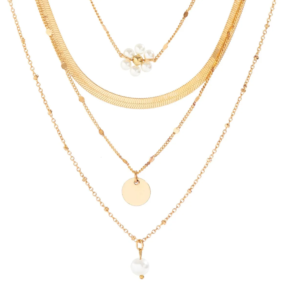 Boho Layered Round Disk Floral Pearl Pendant Snake Chain Necklace Set