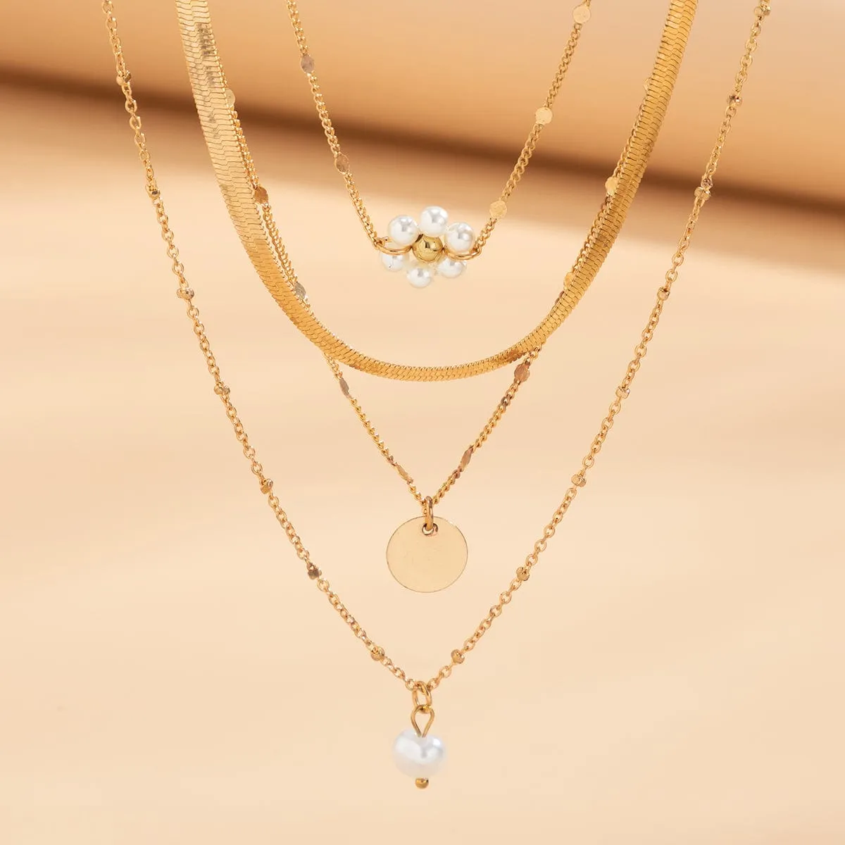Boho Layered Round Disk Floral Pearl Pendant Snake Chain Necklace Set