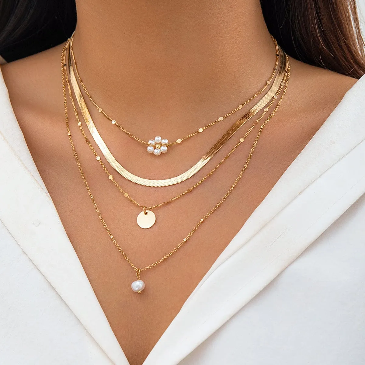 Boho Layered Round Disk Floral Pearl Pendant Snake Chain Necklace Set