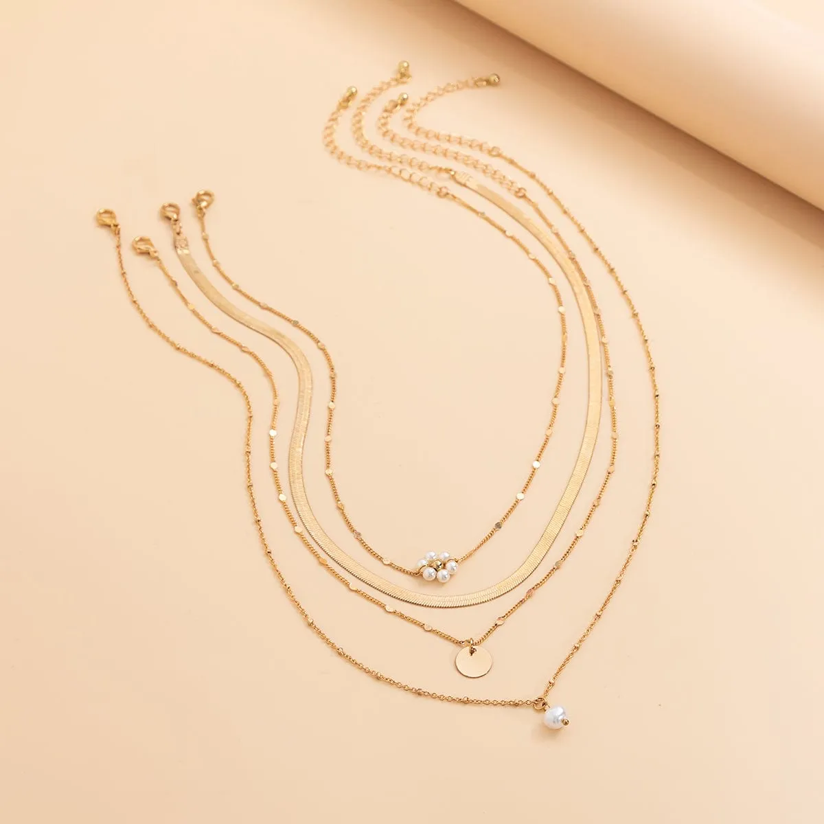 Boho Layered Round Disk Floral Pearl Pendant Snake Chain Necklace Set