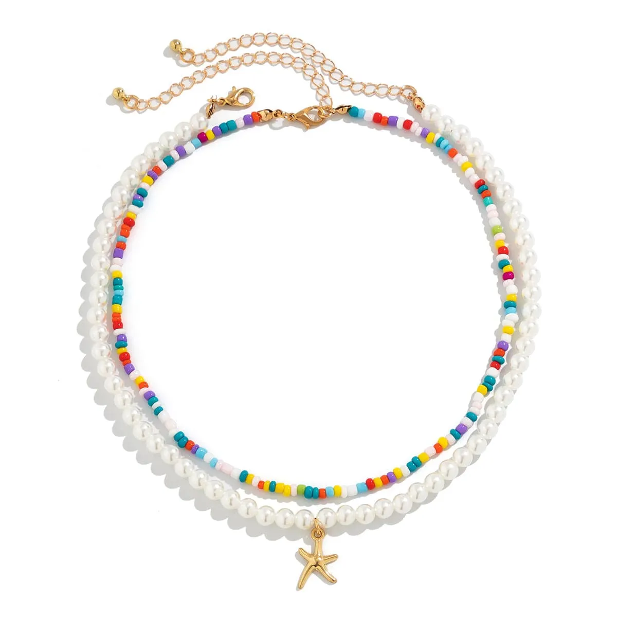 Boho Layered Seed Bead Starfish Pendant Pearl Chain Necklace Set