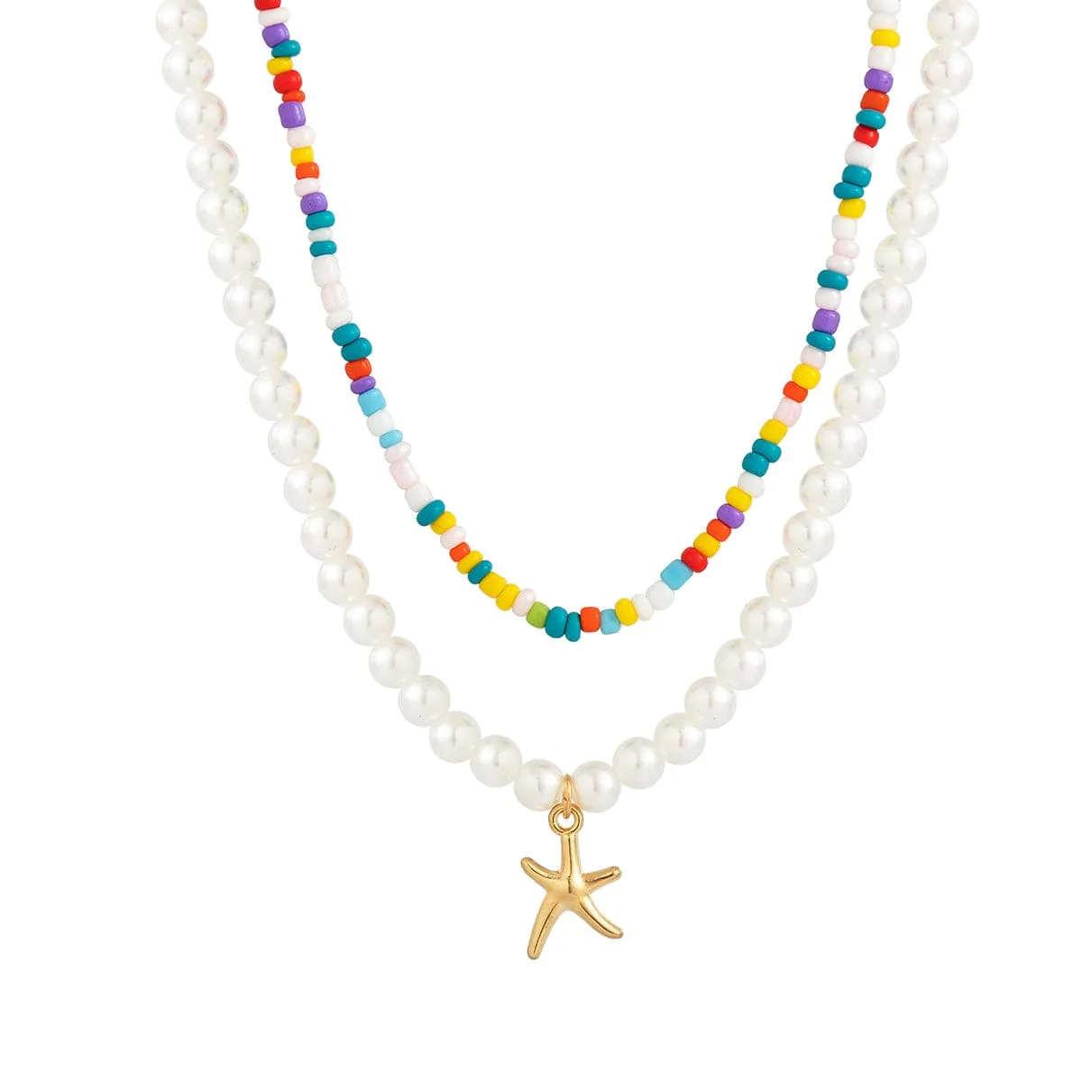 Boho Layered Seed Bead Starfish Pendant Pearl Chain Necklace Set
