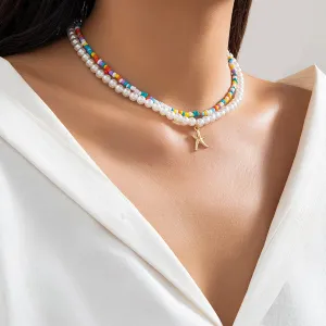 Boho Layered Seed Bead Starfish Pendant Pearl Chain Necklace Set