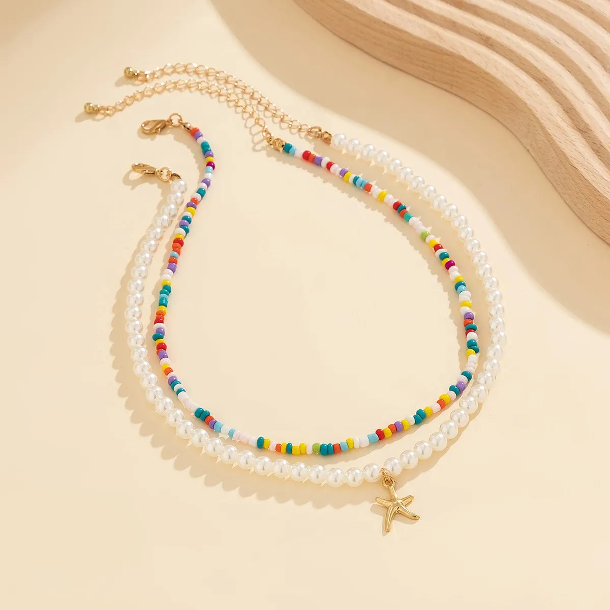 Boho Layered Seed Bead Starfish Pendant Pearl Chain Necklace Set