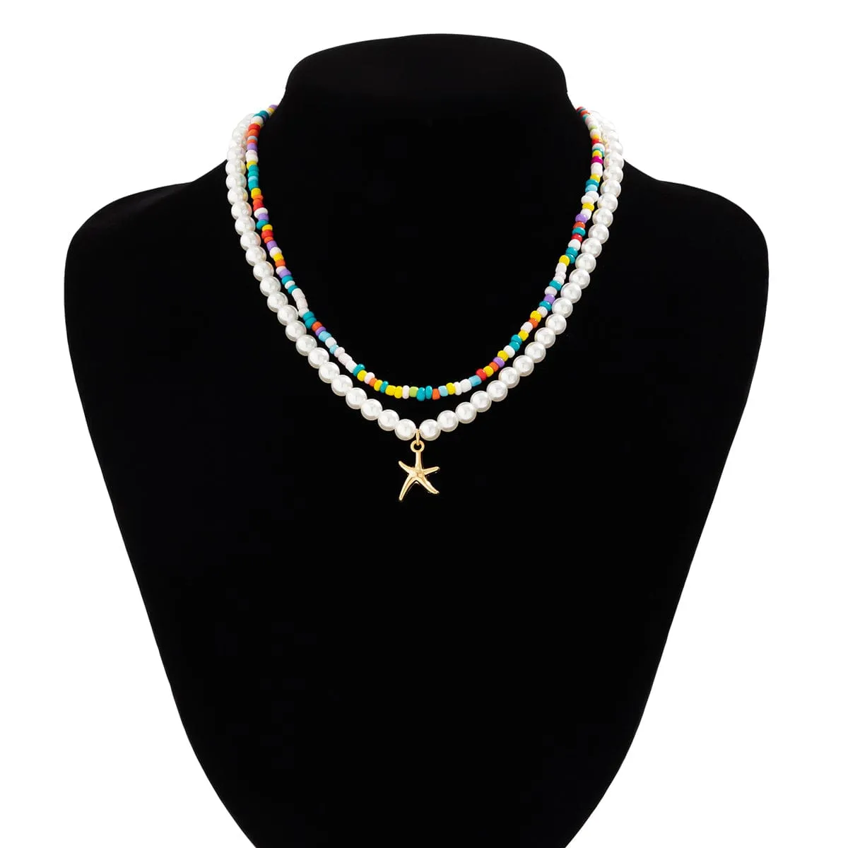 Boho Layered Seed Bead Starfish Pendant Pearl Chain Necklace Set