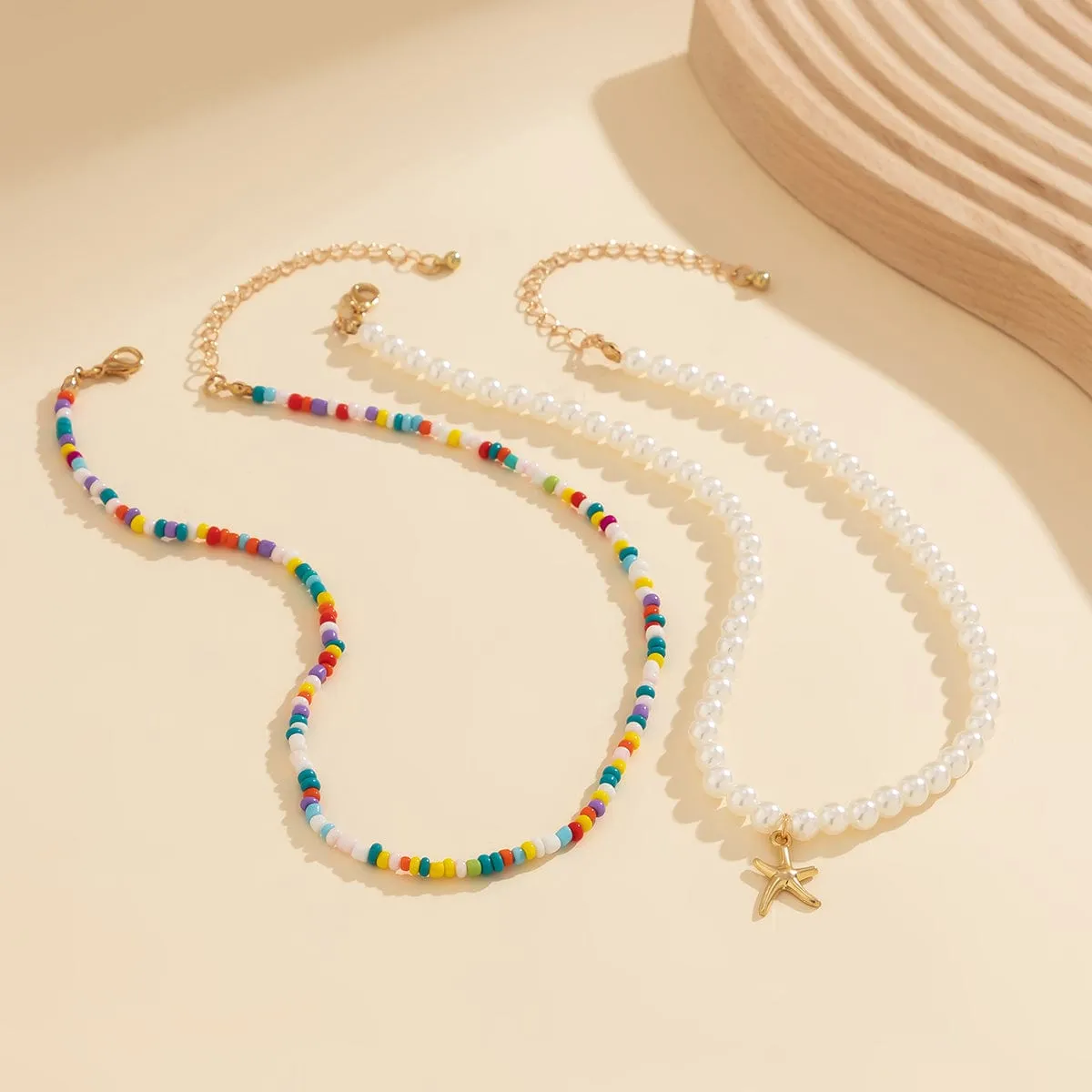 Boho Layered Seed Bead Starfish Pendant Pearl Chain Necklace Set