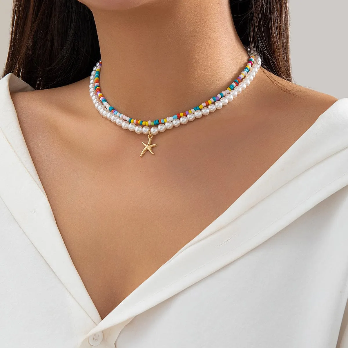 Boho Layered Seed Bead Starfish Pendant Pearl Chain Necklace Set