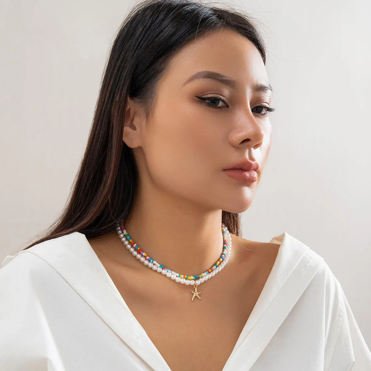 Boho Layered Seed Bead Starfish Pendant Pearl Chain Necklace Set