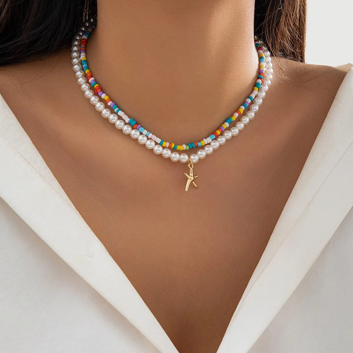 Boho Layered Seed Bead Starfish Pendant Pearl Chain Necklace Set