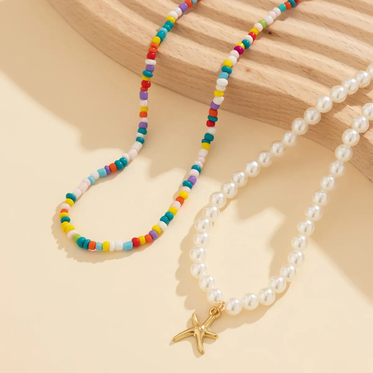 Boho Layered Seed Bead Starfish Pendant Pearl Chain Necklace Set