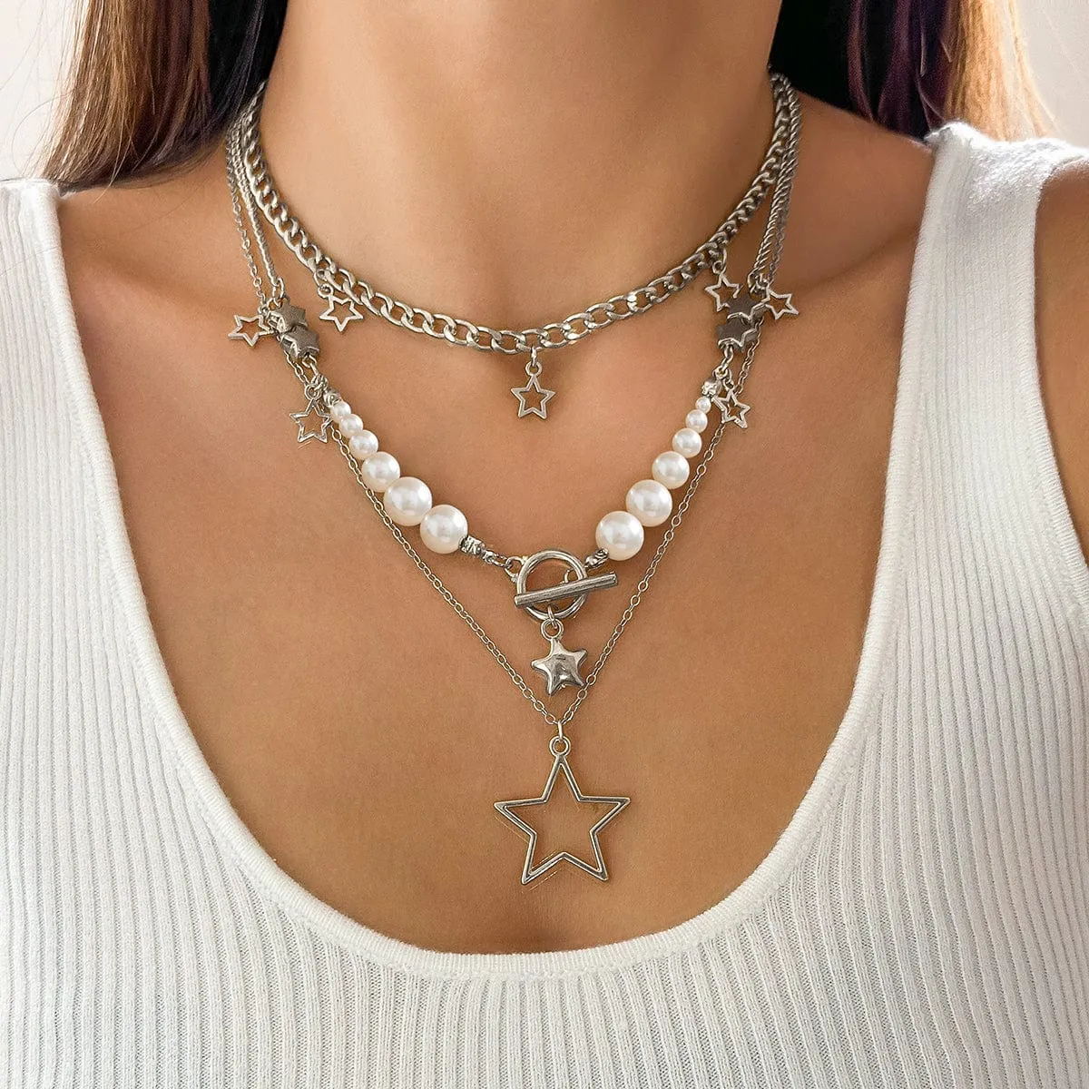 Boho Layered Star Pendant Pearl Chain Tassel Necklace Set