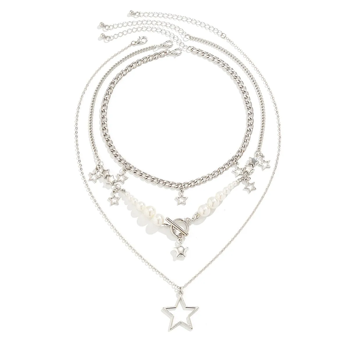 Boho Layered Star Pendant Pearl Chain Tassel Necklace Set