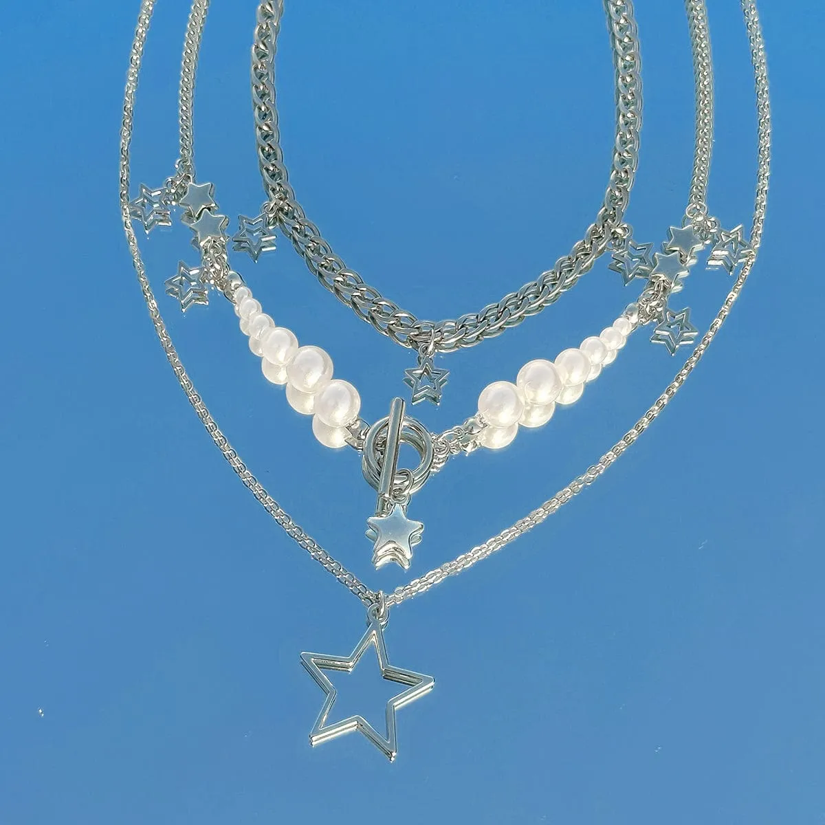 Boho Layered Star Pendant Pearl Chain Tassel Necklace Set