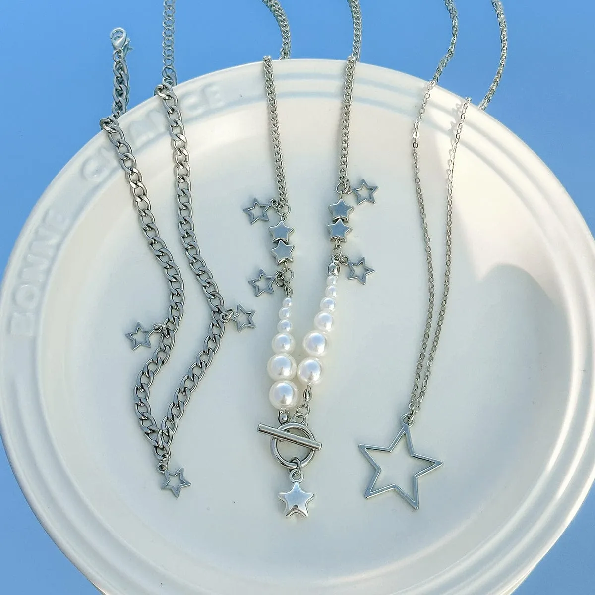 Boho Layered Star Pendant Pearl Chain Tassel Necklace Set