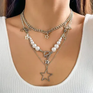 Boho Layered Star Pendant Pearl Chain Tassel Necklace Set