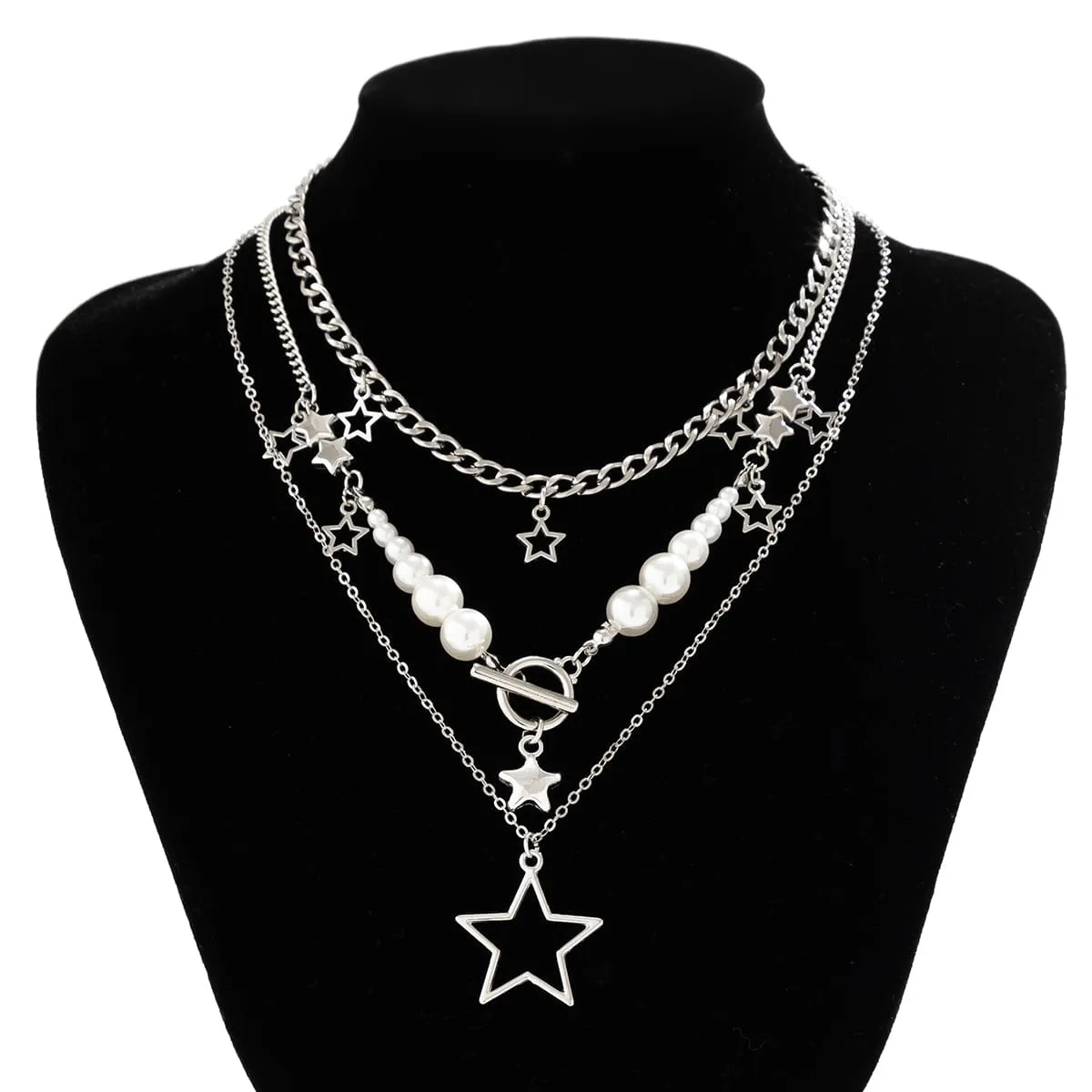 Boho Layered Star Pendant Pearl Chain Tassel Necklace Set