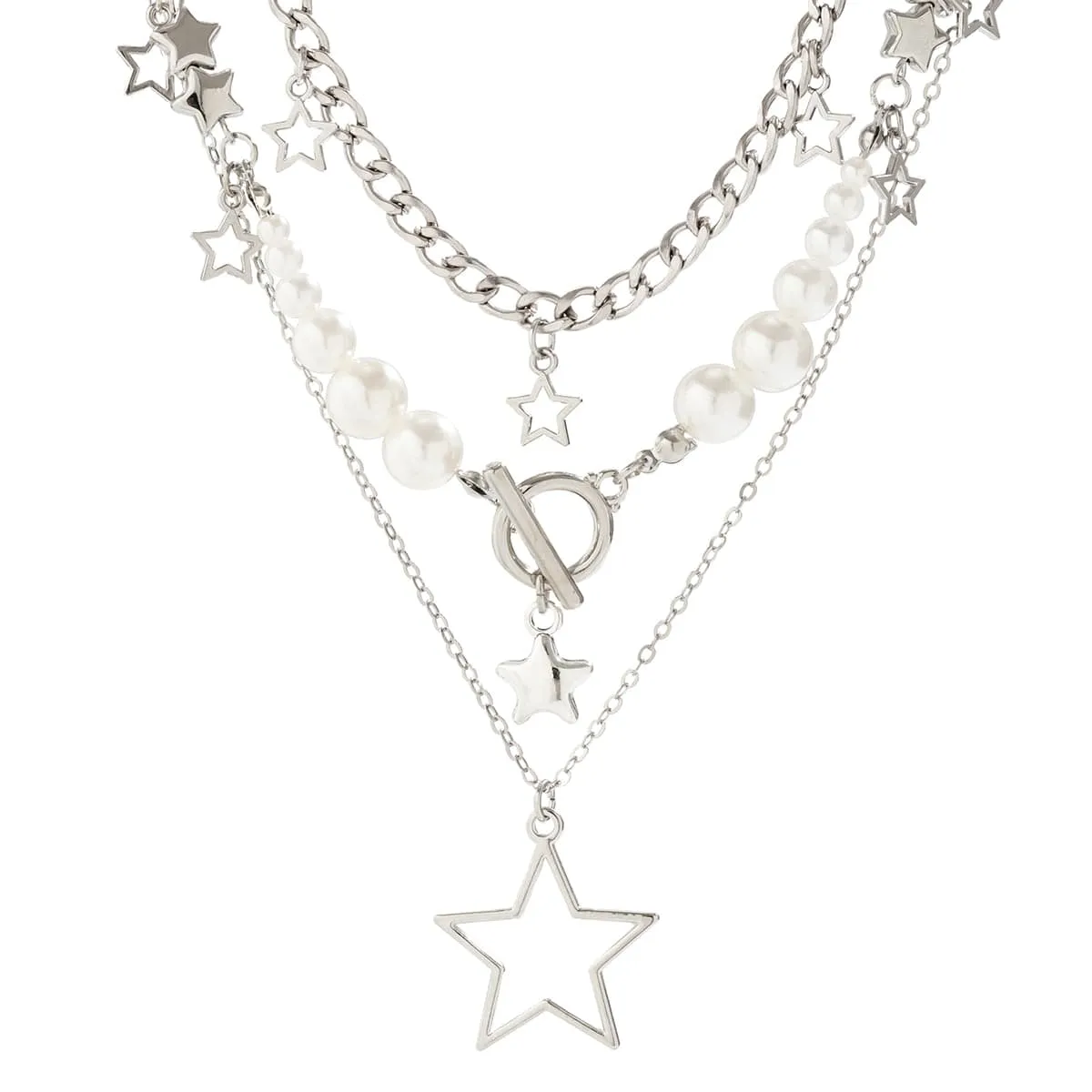 Boho Layered Star Pendant Pearl Chain Tassel Necklace Set