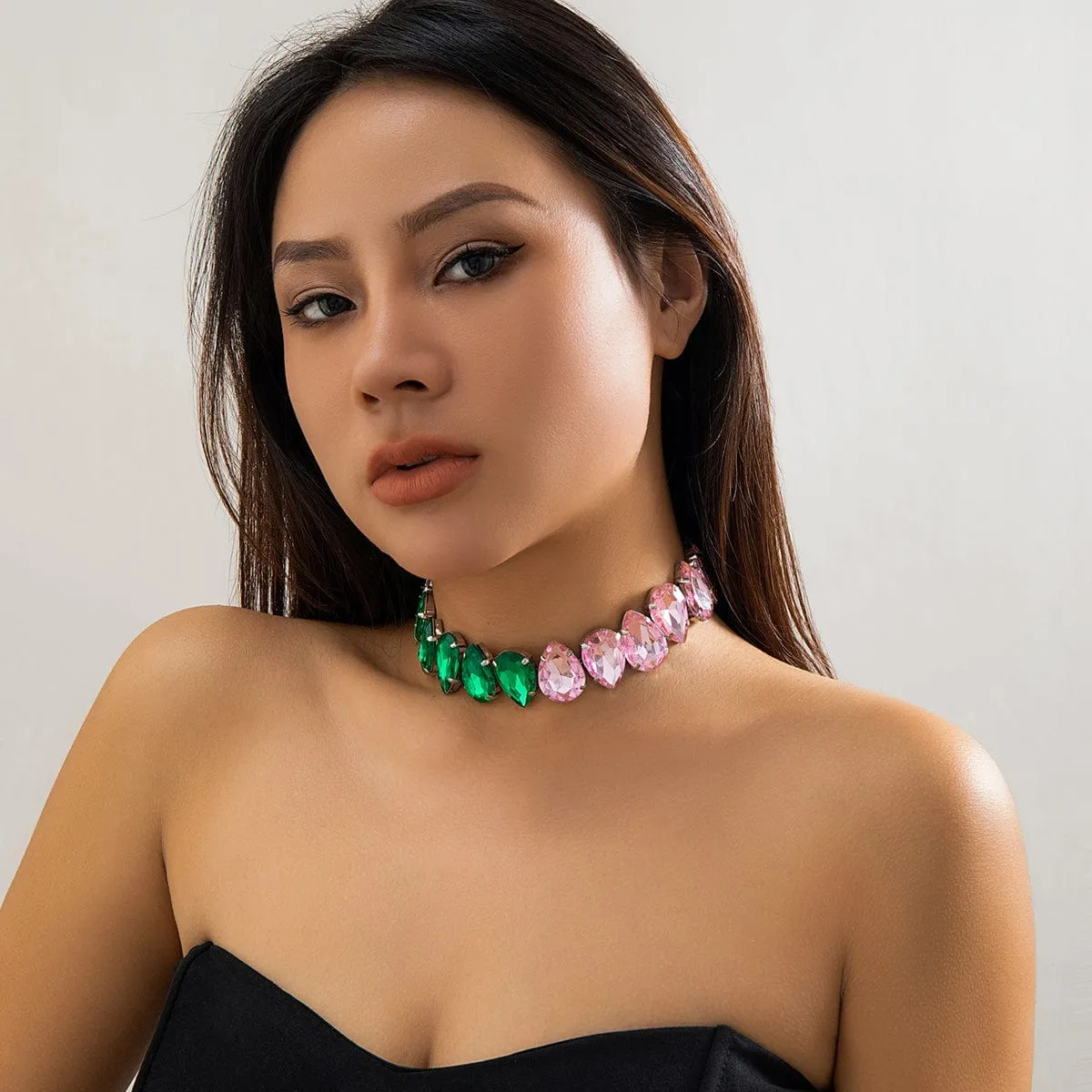 Boho Two Tone CZ Inlaid Waterdrop Choker Necklace
